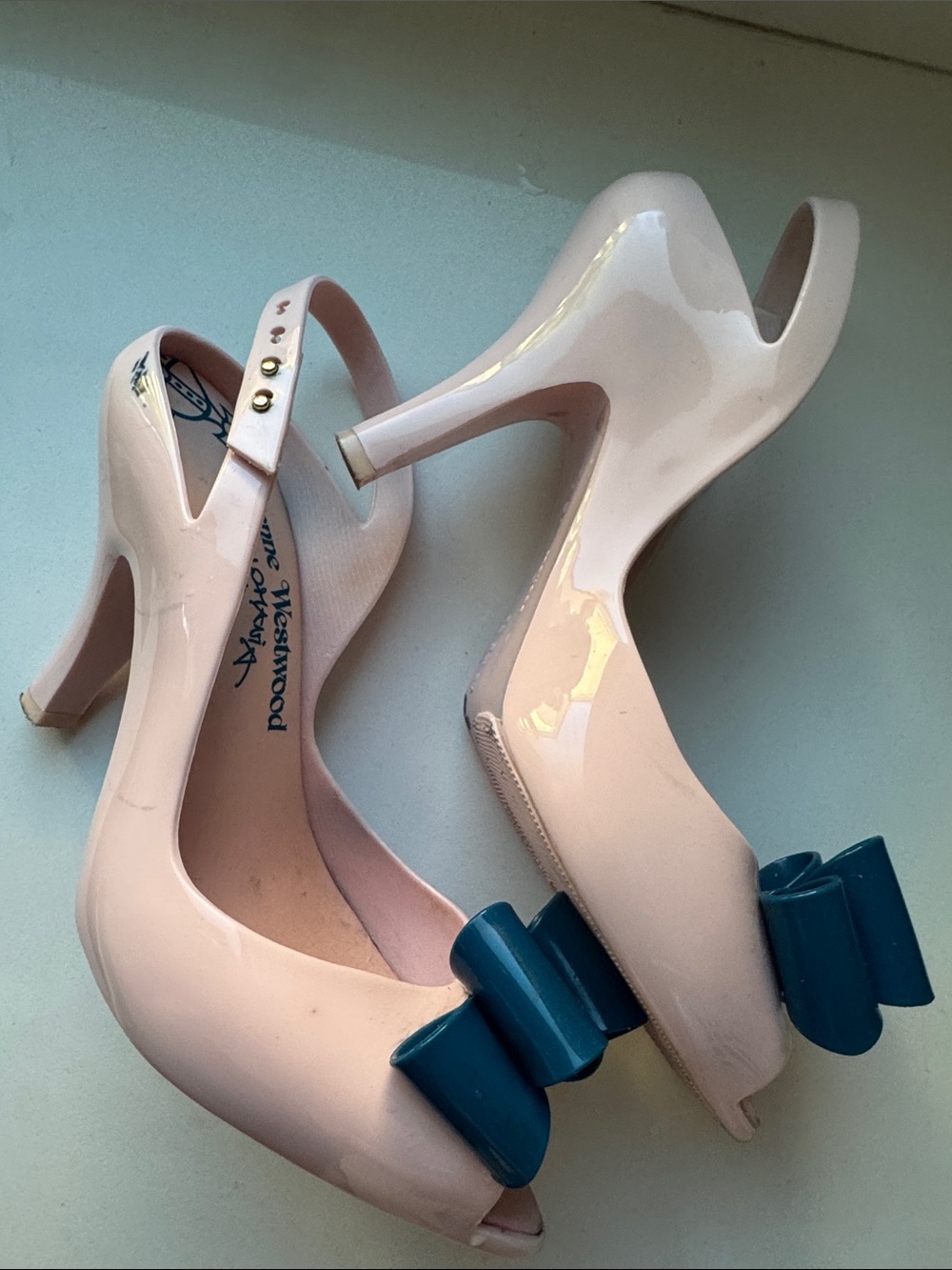 Vivienne Westwood anglomania Pink Slingback Heels with Teal Bow classic see pic - Picture 8 of 9